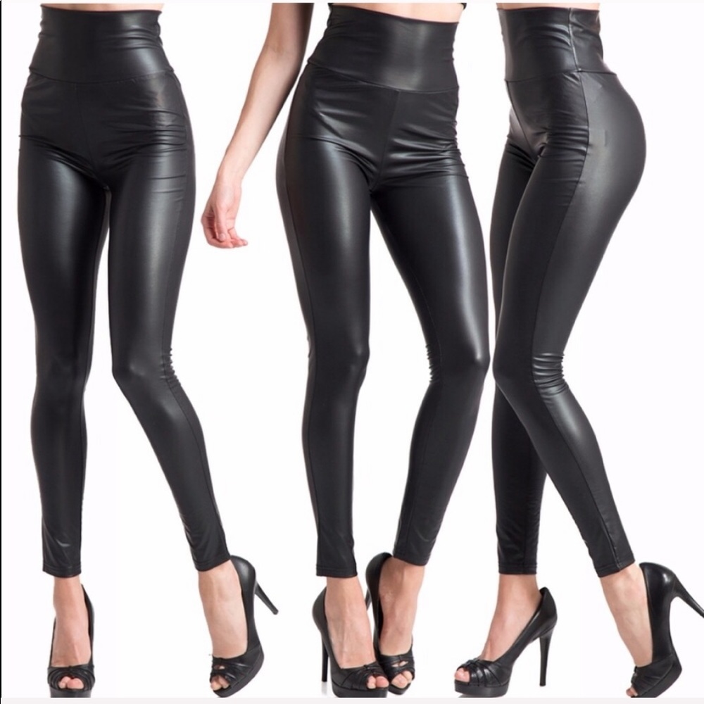 SMALL Black Faux Leather High Waisted Leggings - Picture 7 of 10